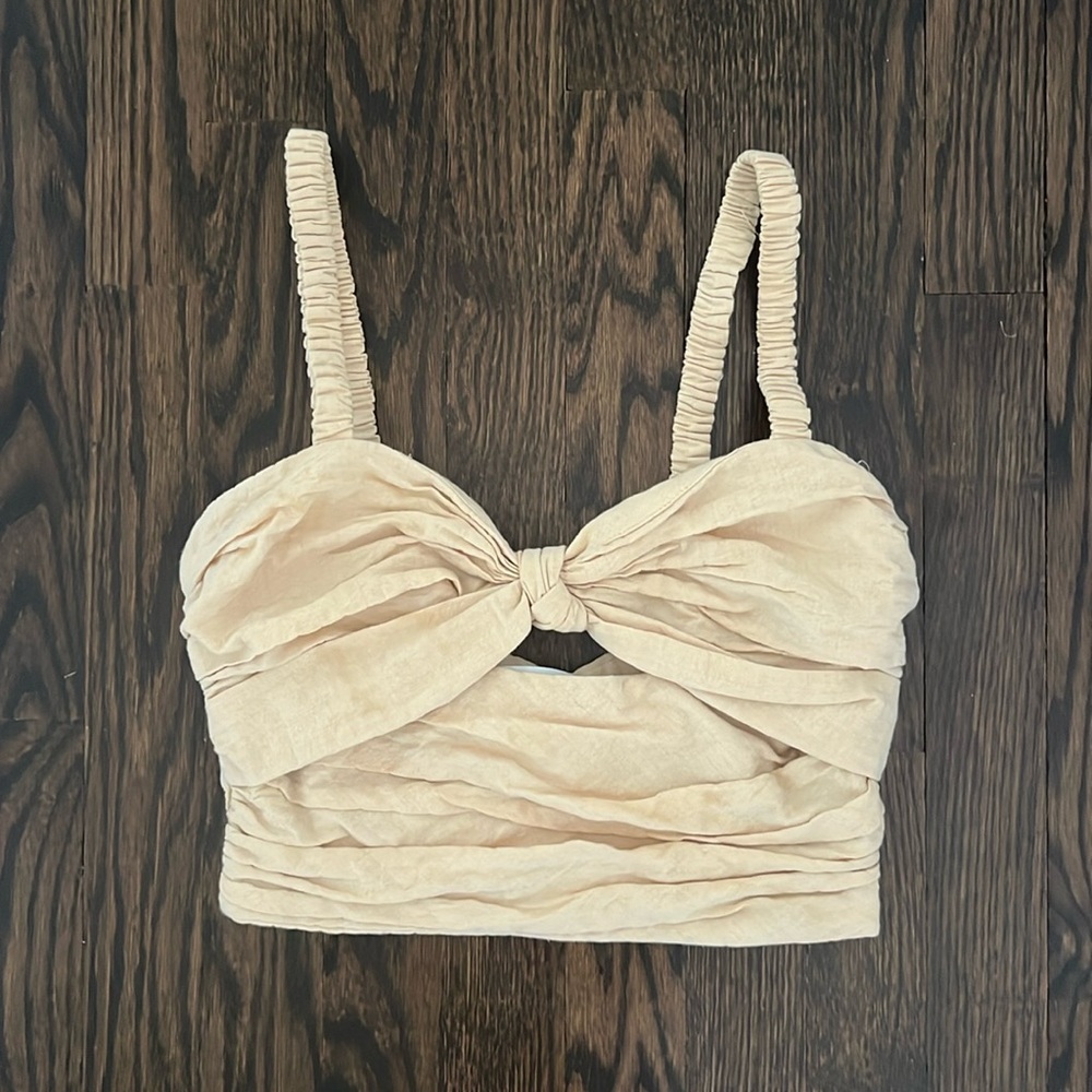 Zara tan neutral bow scrunch top